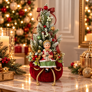 Alberello di Natale  con Base in Velluto e Mamma Natale "Emozioni di Natale" Fiori di Lena 40 cm.