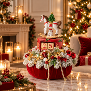 Pouf con Cavallo a Dondolo e Calendario dell'Avvento "Emozioni di Natale" Fiori di Lena 30 cm.