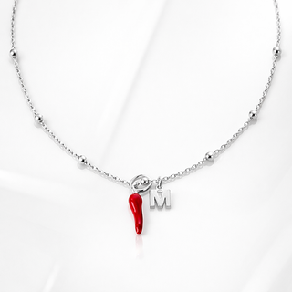 Collana Silver Con Corno Rosso e Lettera In Argento 925