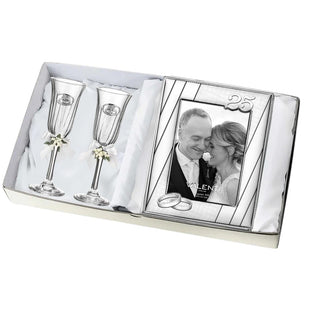Set Portafoto Cornice 25° Anniversario Nozze + Coppia di Flutes Valenti