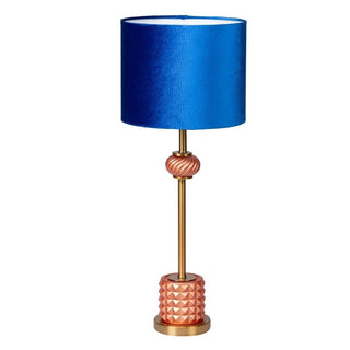 Lampara-sobremesa-diseno-Art-Deco-cristal-naranja-hierro-dorado-y-pantalla-azul-cobalto-1