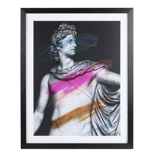 Lienzo-serigrafiado-escultura-clasica-tonos-negro-rosa-gris-mostaza-con-marco-madera-y-cristal