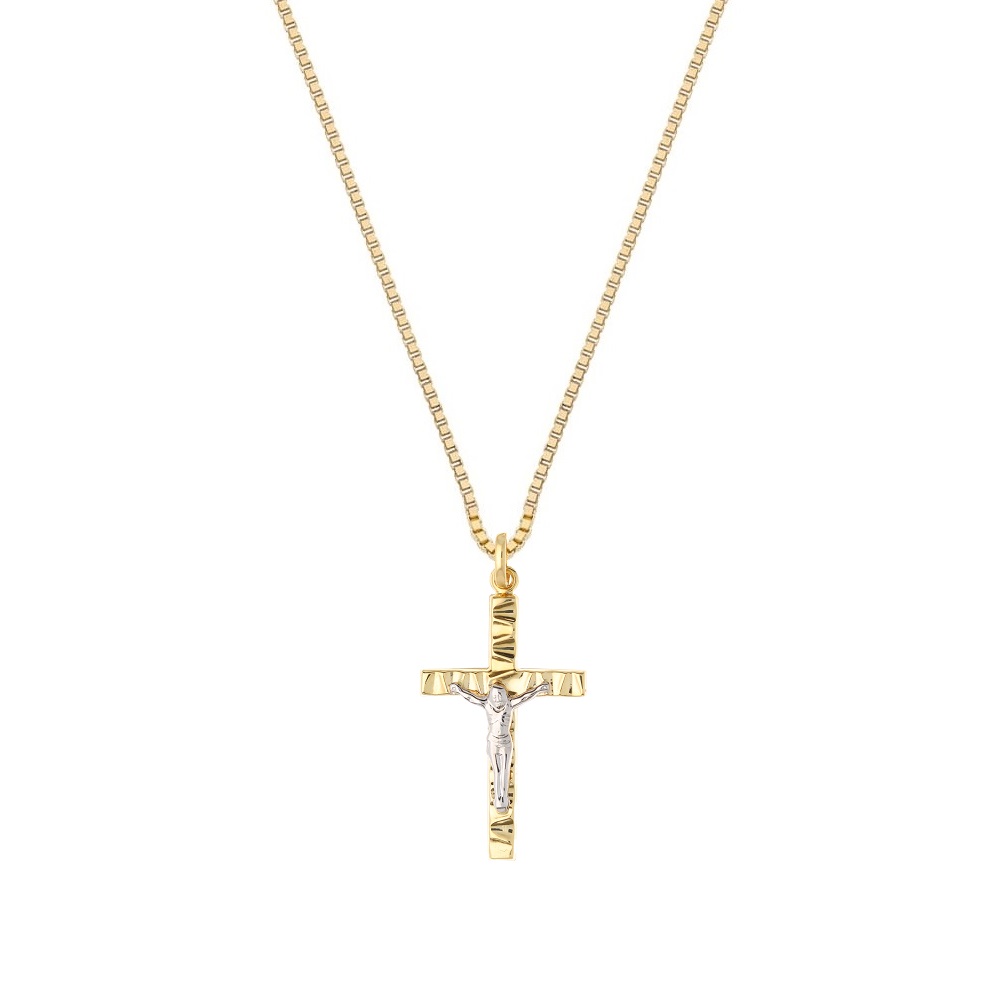 Collana Croce Con Cristo Oro Bicolore 18kt